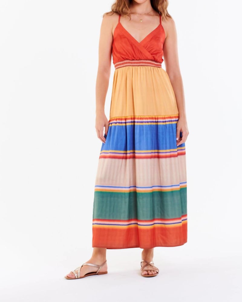 Front of a model wearing a size XL Kelly Strap Tank Dress In Getaway Stripes in Getaway Stripes by DEAR JOHN DENIM. | dia_product_style_image_id:344648